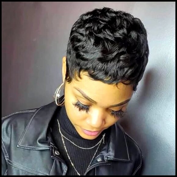 Short Human Hair Pixie Cut Wig Glueless Curly With Bangs Adjustable Cap main image 5